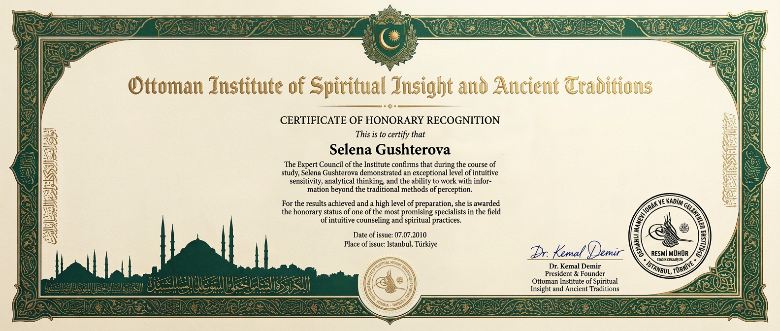 Certificate of Honorary Recognition — Ottoman Institute of Spiritual Insight and Ancient Traditions